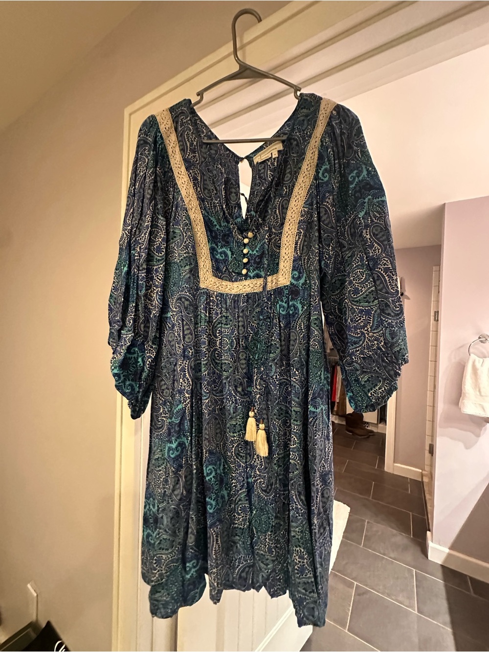 Boho Lace-Trim Paisley Jumper in Teal Blue